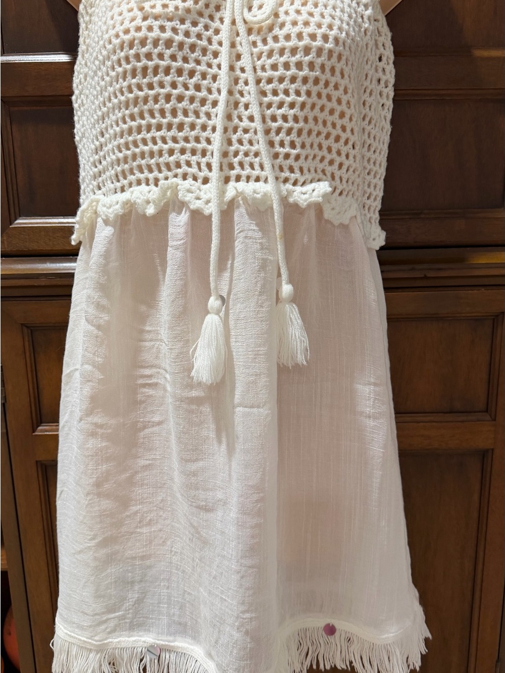 Crochet Tassel Swim Coverup Dress - Cream with sequin design details